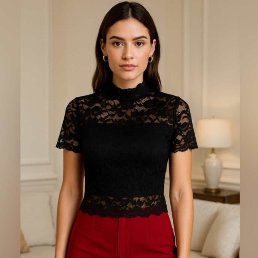 GUESS Women's Black Lace Mock Neck Short Sleeve Blouse Size Small